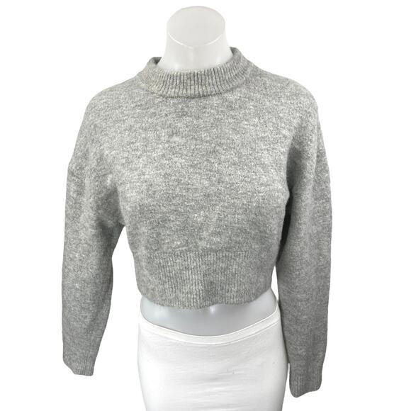 Zara Women's Grey Long Sleeve Mock Neck Knit Fleece Cropped Sweater Top Size M - Picture 1 of 4